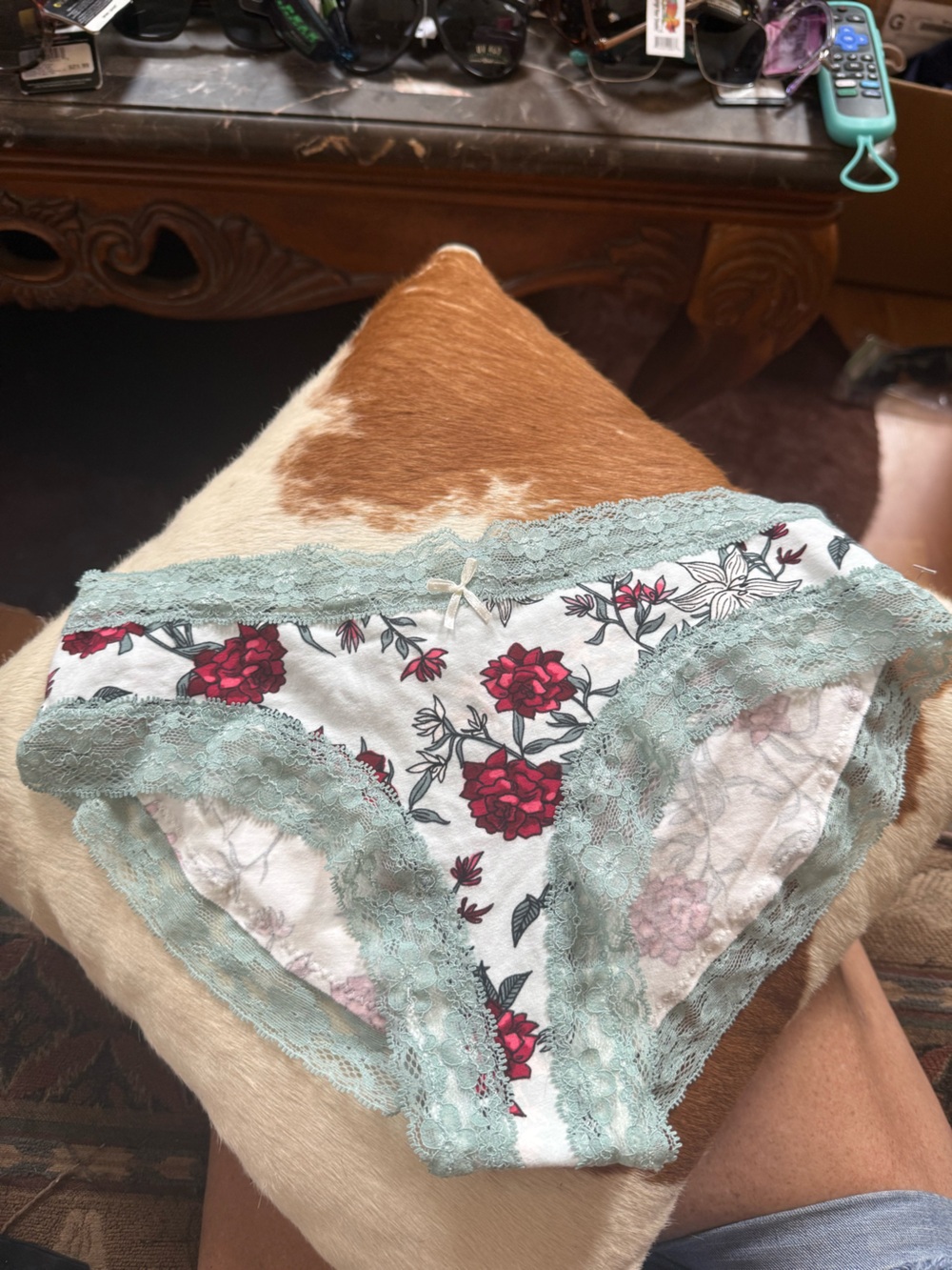 Splendies Santa Monica Mint Lace Bikini Panty with Red Floral Print NWOT sz Lg